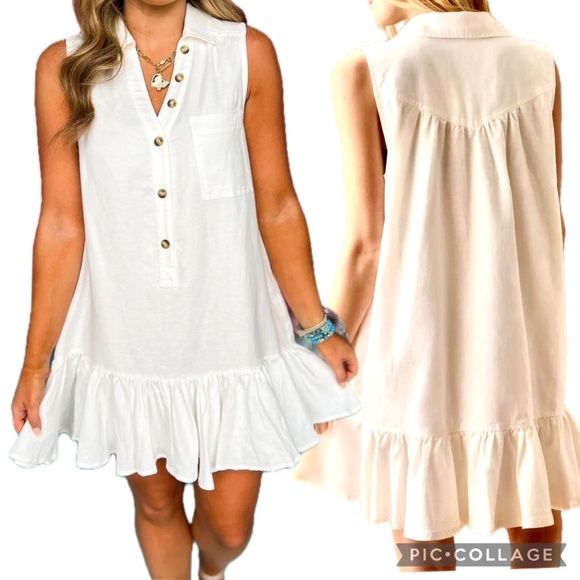 Fate Sleeveless V-Neck Collared Linen Blend Flounce Off White Dress Size M - Picture 1 of 14
